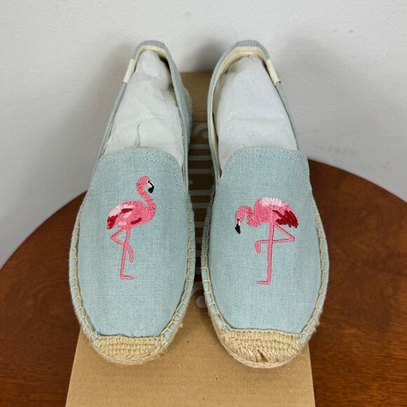 New Soludos Flamingo Embroidered Smoking Slipper in Chambray Women's Size 5 - Picture 1 of 6